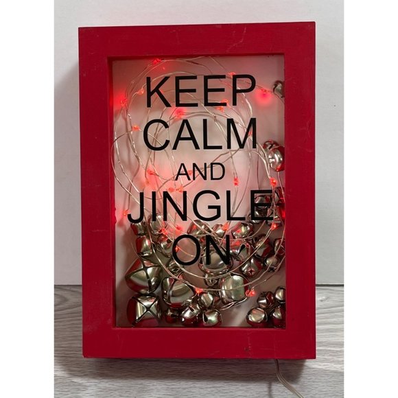 Keep Calm and Jingle On Red Light Up Shadow Box with Christmas Bells 6.5" Tall - Picture 5 of 7